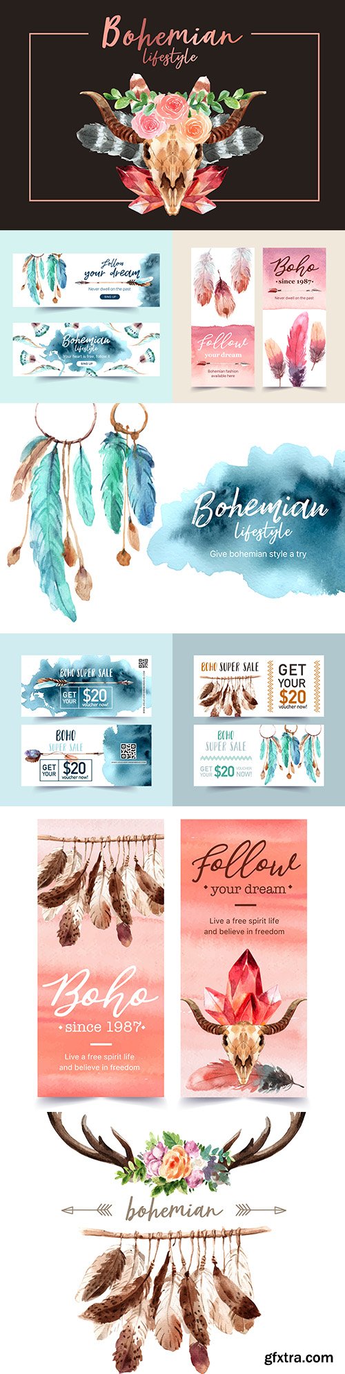 Bohemian voucher design and banner illustration watercolor
