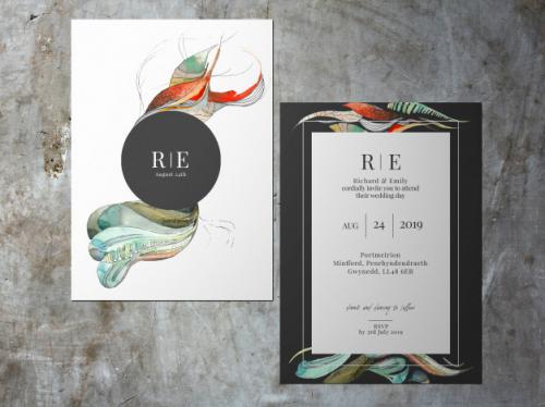 Wedding Invitation, Two Faced Abstract Black White Theme Card Premium PSD