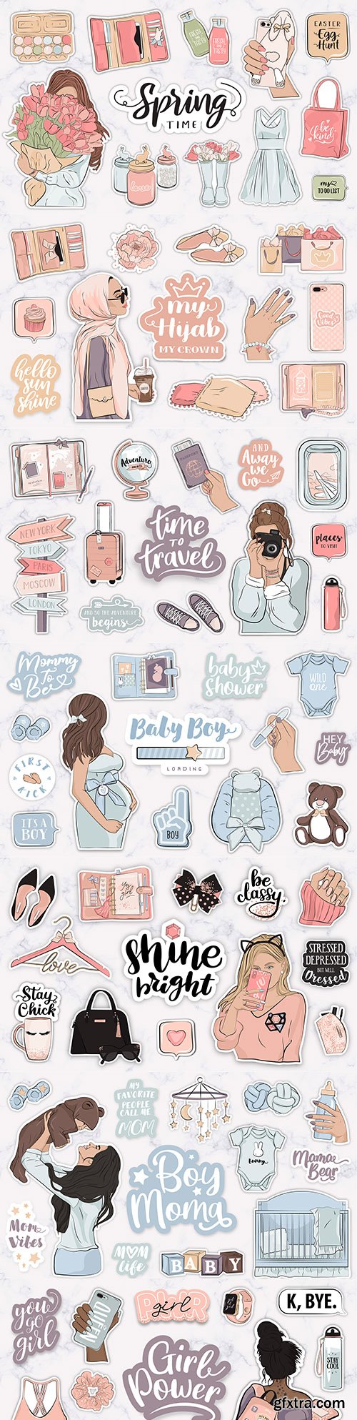 Design sticker with items and modern fashion woman