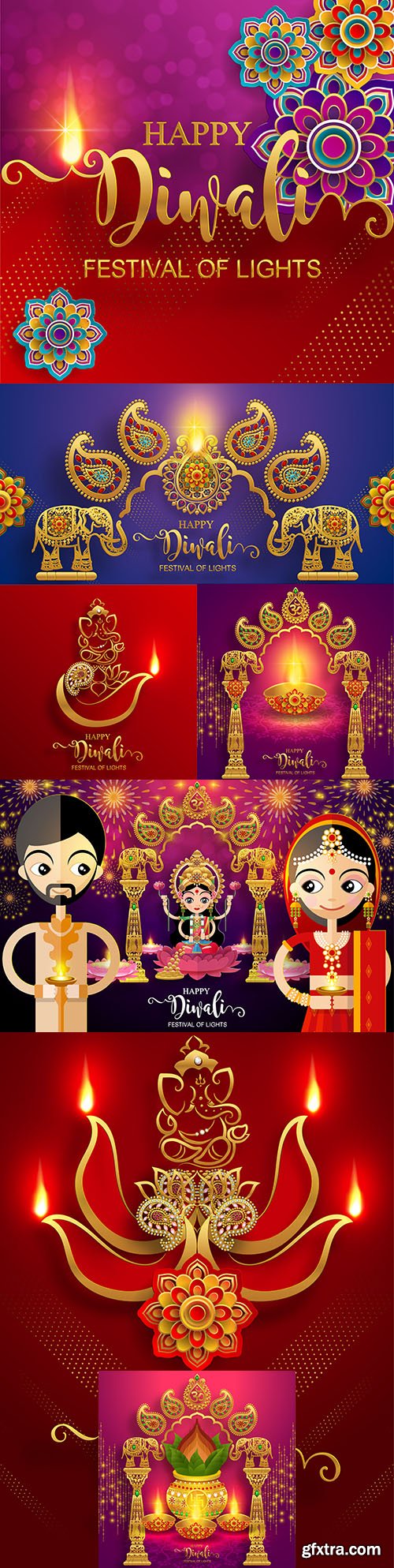 Divali, dipavali festival of lights India with gold drawing