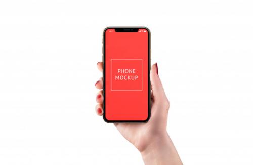 Isolated Modern Phone Mockup In Woman Hand. Front Position. Smart Object Display For App Design Presentation. Premium PSD