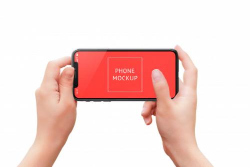 Phone Mockup In Woman Hands. Horizontal Position. Concept Of Camera Or App Use With Finger On Screen. Premium PSD