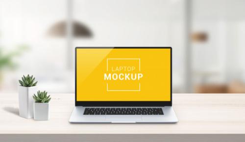 Laptop Mockup On Work Desk. Office Desk, Business Composition. Isolated Screen For App Or Web Site Design Presentation. Scene Creator With Isolated Layers Premium PSD