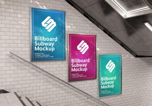 Three Vertical Billboard On Underground Stairs Wall Mockup Premium PSD