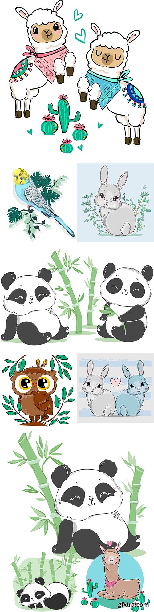 Cute panda, llama and Easter rabbit illustration cartoon
