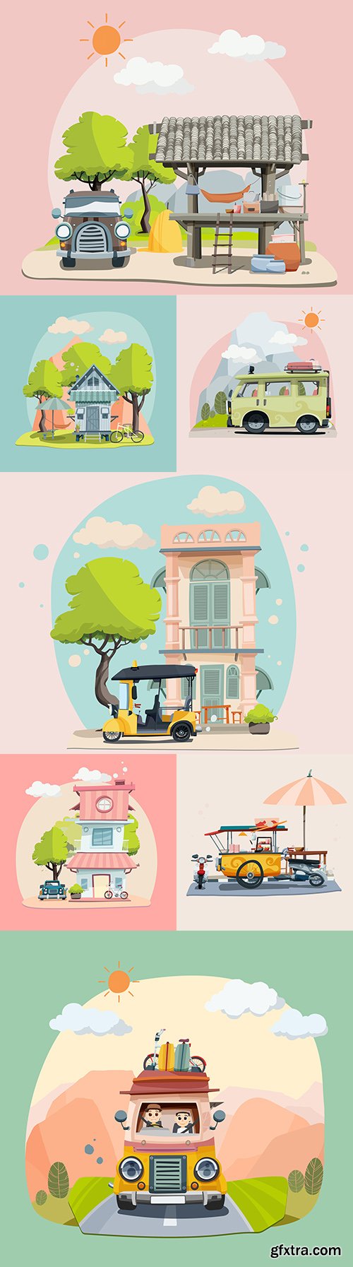 Travel during vacation and Pastel House illustration
