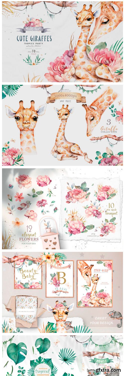 Cute Giraffes Watercolor Tropic 3907566