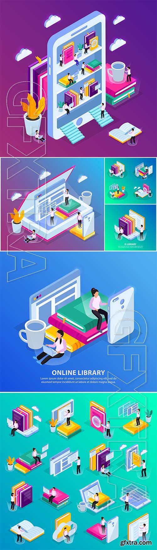 Online education isometric glow icons set