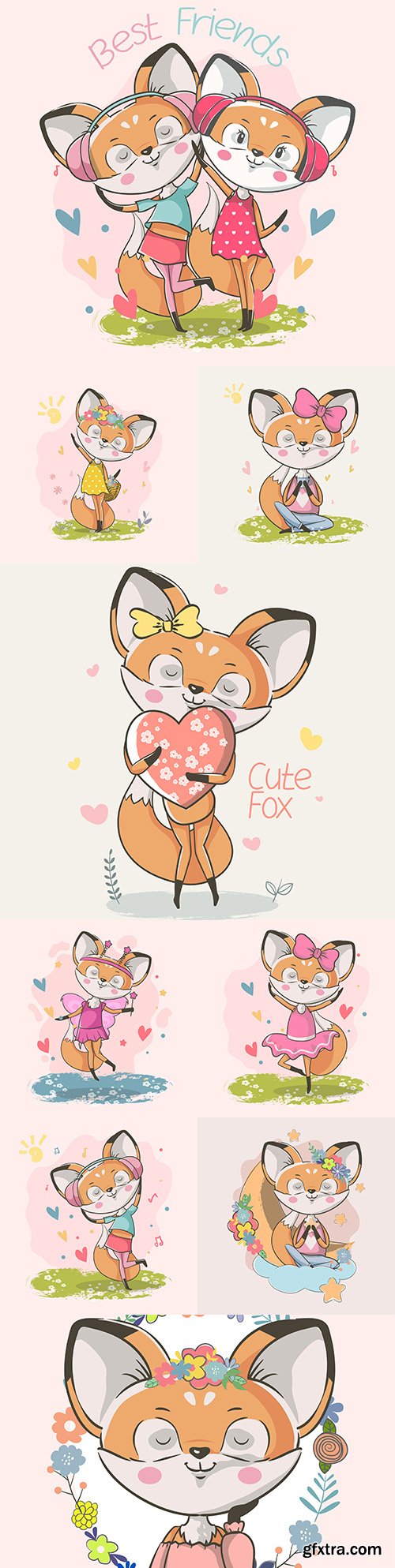 Cute little fox fashion with colors painted illustrations
