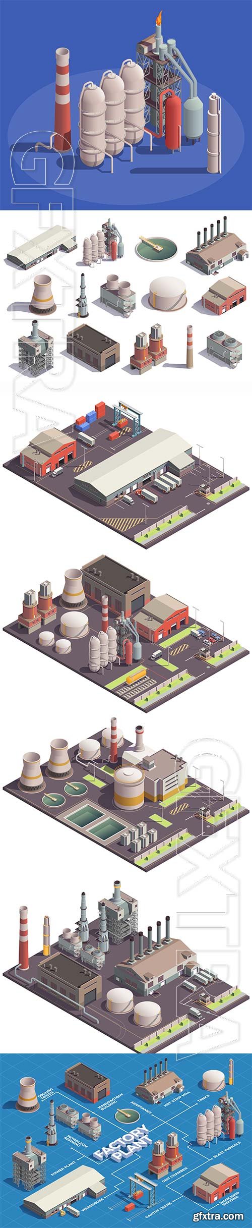 Industrial buildings isometric icons vector set