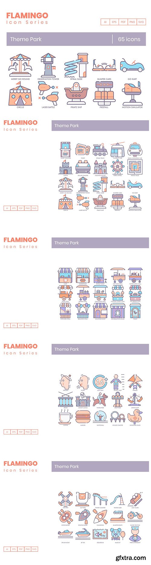 65 Theme Park Icons | Flamingo Series