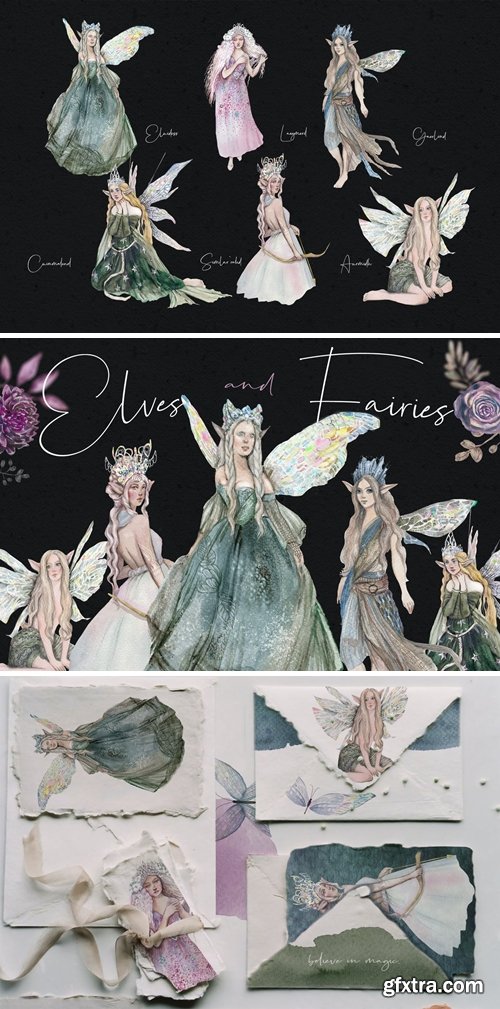 Elves and fairies - watercolor hand-drawn set