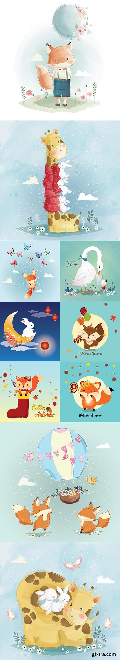 Happy Cute Little Animals Vector Illustration Set