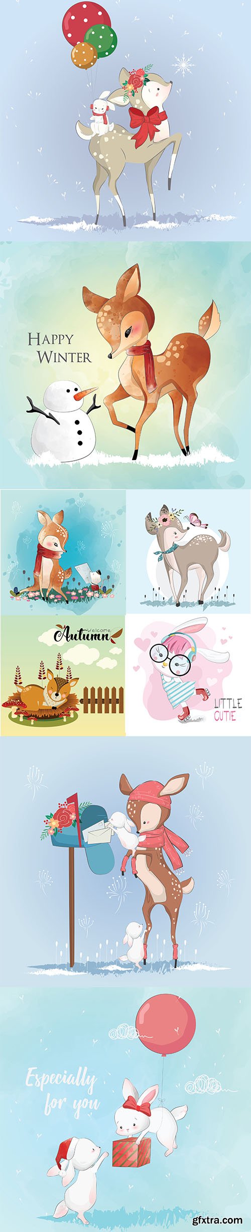 Happy Cute Little Animals Vector Illustration Set Vol 4