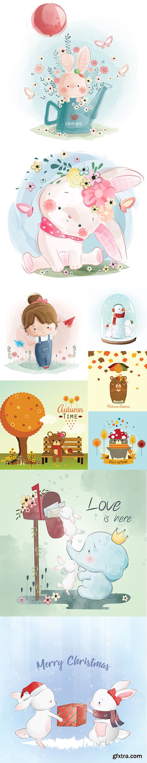 Happy Cute Little Animals Vector Illustration Set Vol 3