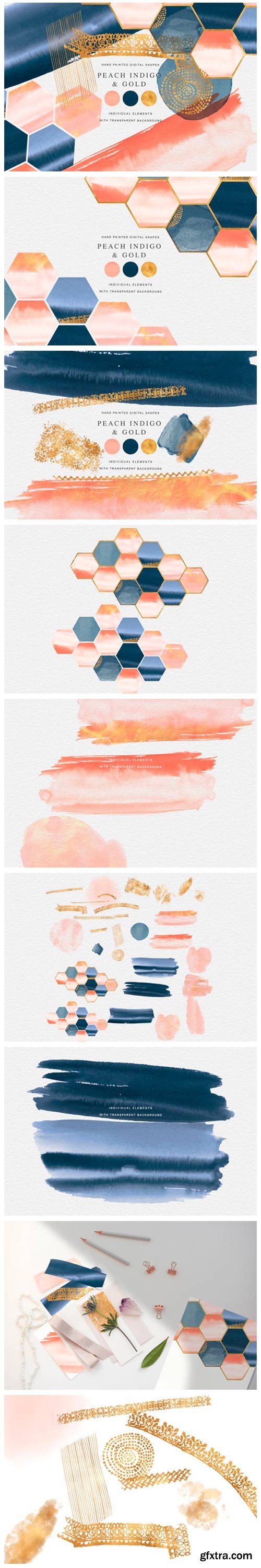 Watercolor Shapes Peach and Indigo Gold 3956499