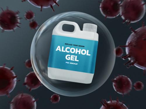 Alcohol Tank Mockup In Bubble, Surrounded By Coronavirus Premium PSD