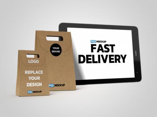 Online Delivery Boxes Mockup With Tablet Premium PSD