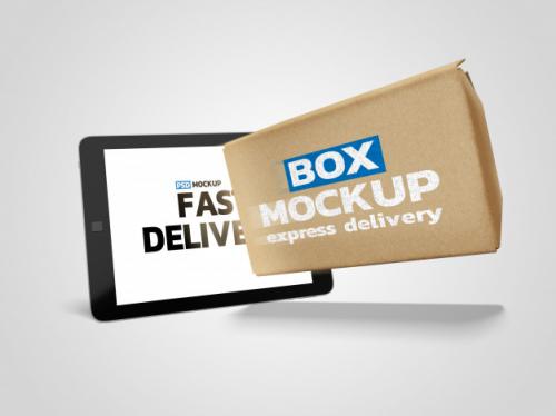 Online Delivery Box Mockup With Tablet Premium PSD