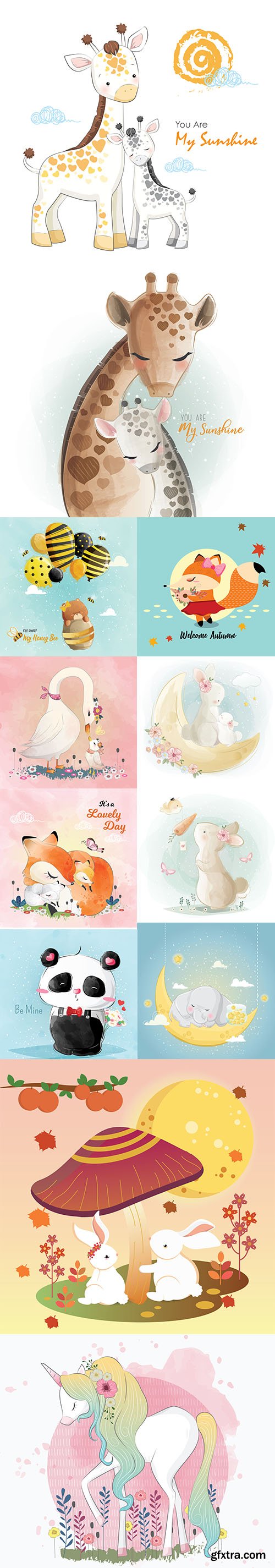 Happy Cute Little Animals Vector Illustration Set Vol 11