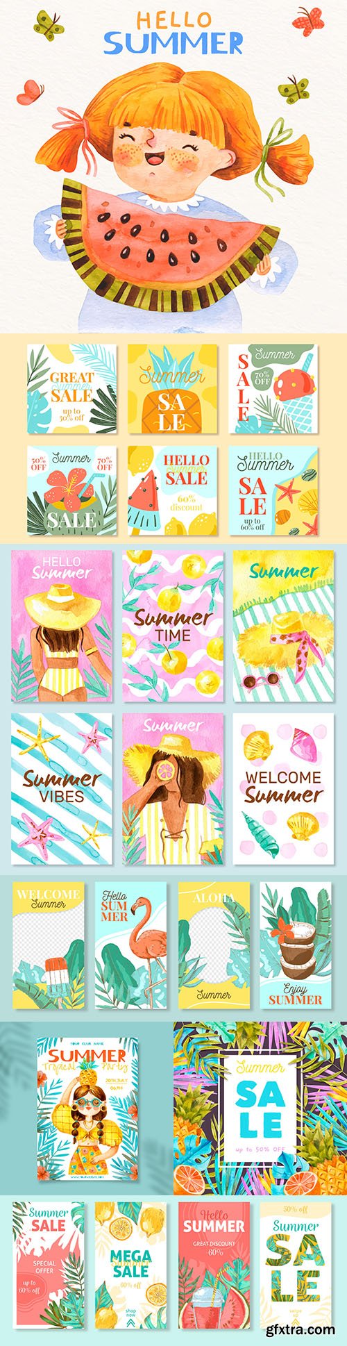 Hello summer sale and party template poster watercolor
