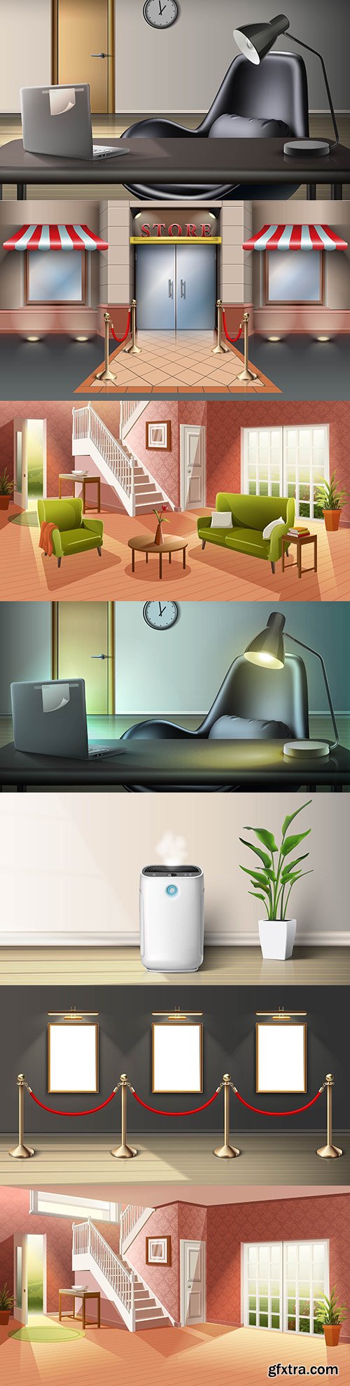 Room with interior and flowers realistic illustrations
