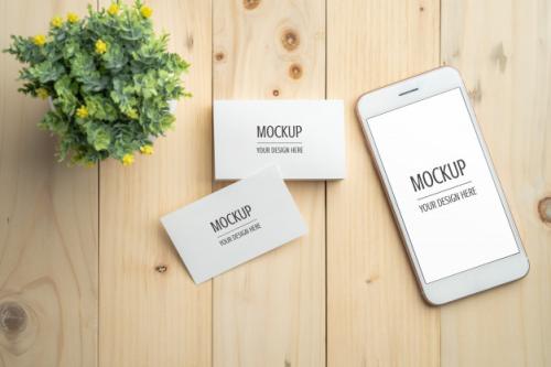 Blank White Screen Smartphone And Business Card Mockup Premium PSD