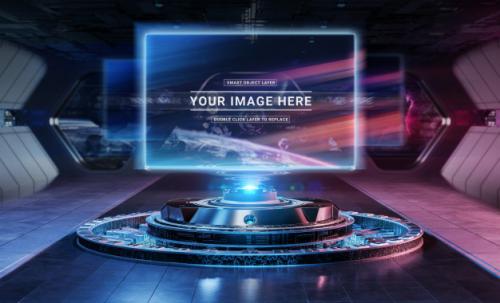 Modern Billboard Projector In Futuristic Interior Mockup Premium PSD