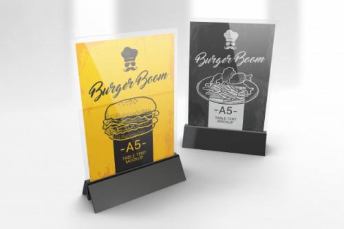 Two A5 Table Tent Stands Mockup Premium PSD