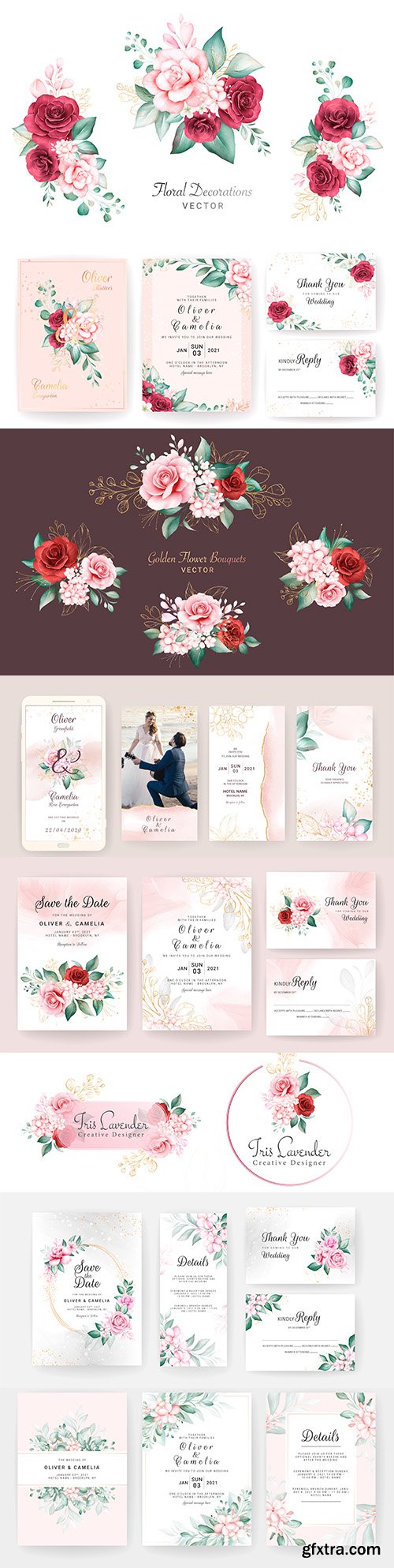 Watercolor bouquets wedding invitation and logo design
