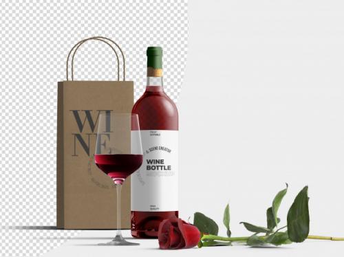 Red Wine Bottle And Paper Bag Mockup Template With Glass And Rose Premium PSD