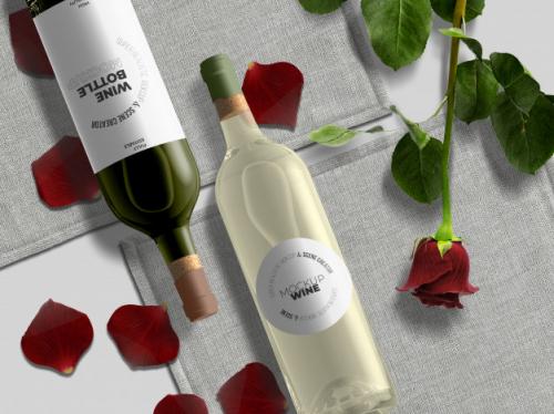 Topview Wine Bottles Mockup Template With Petals And Rose Premium PSD