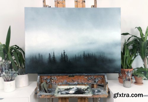  LANDSCAPE OIL PAINTING: MISTY FOREST SCENE