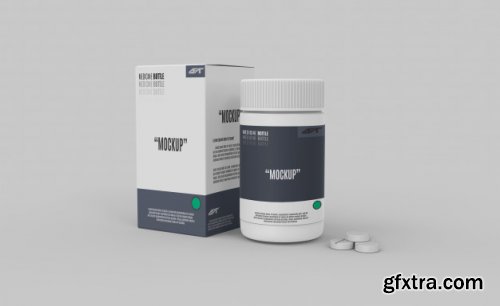 Plastic bottle with box and drugs mockup