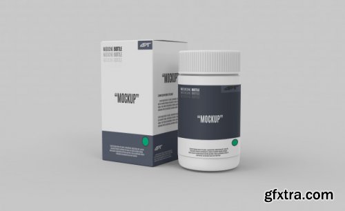 Plastic bottle with box and drugs mockup