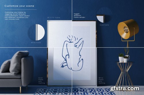 Classic Blue Interior Mockup - Customizable frames furniture