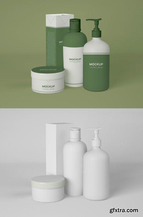 Set of Cosmetic Bottle and Cream Jar with Packaging Box Mockup 339301925