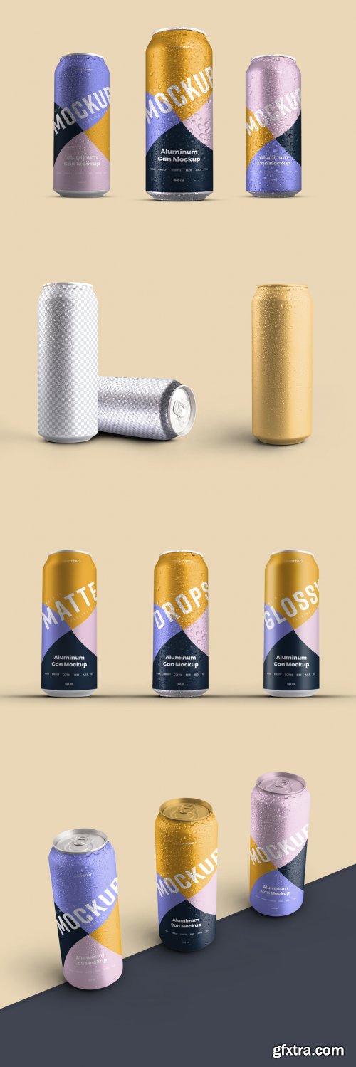 5 Aluminum Thin Can Mockups with Water Drops 341808838