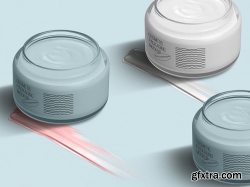 Isometric mockup template with opened cream jars and cream strokes