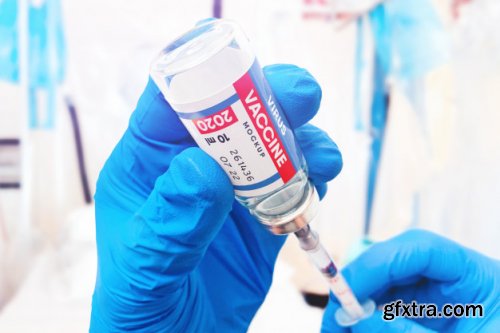 Vaccine bottle with syringe and medical gloves scene mockup