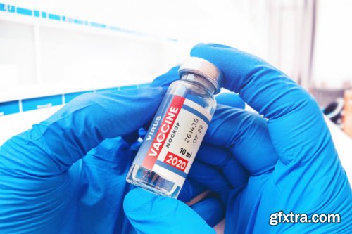 Vaccine bottle with syringe and medical gloves scene mockup