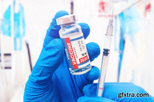 Vaccine bottle with syringe and medical gloves scene mockup