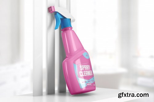 Cleaning spray bottle on a shelf mockup