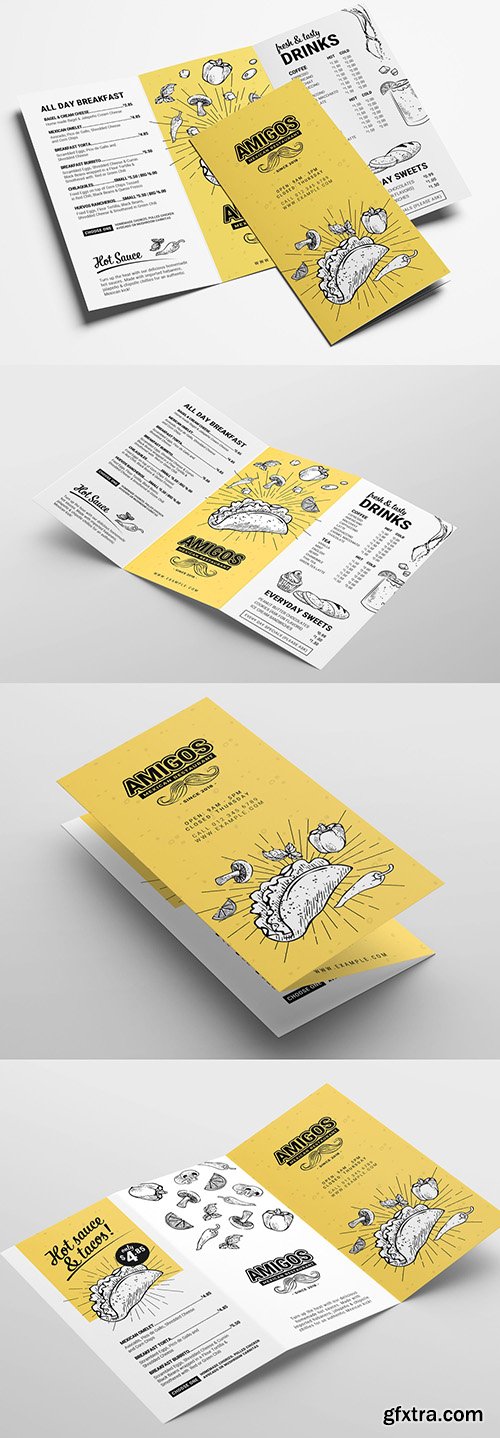 Trifold Mexican Restaurant Menu Layout with Taco Illustrations 343578754