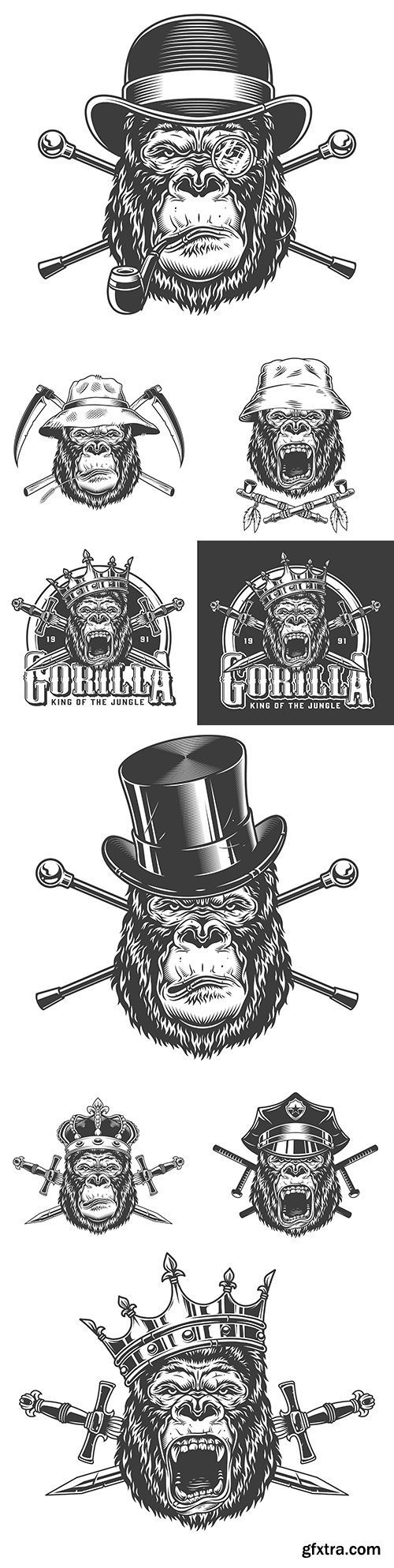 Head gorilla in hat with grunge objects design illustrations
