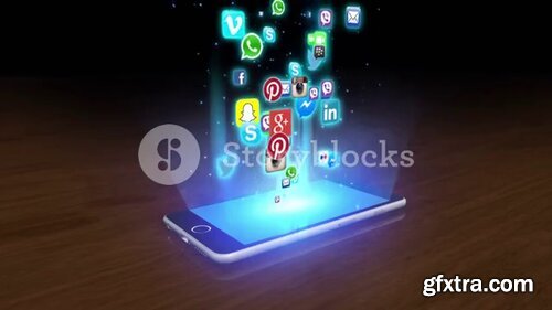 Videoblocks - Social Media Apps Flying Out of a Black Smartphone | DCI 4K 4096 X 2304 | Famous Mobile APP Logos | Video Loops Motion Background