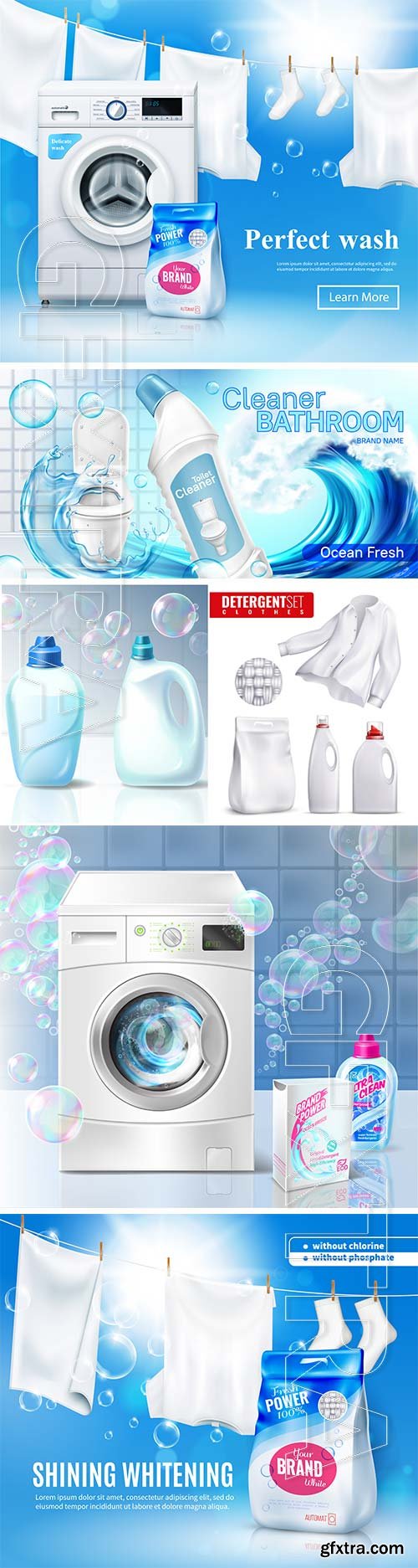 Vector detergents, cleaning products advertising posters