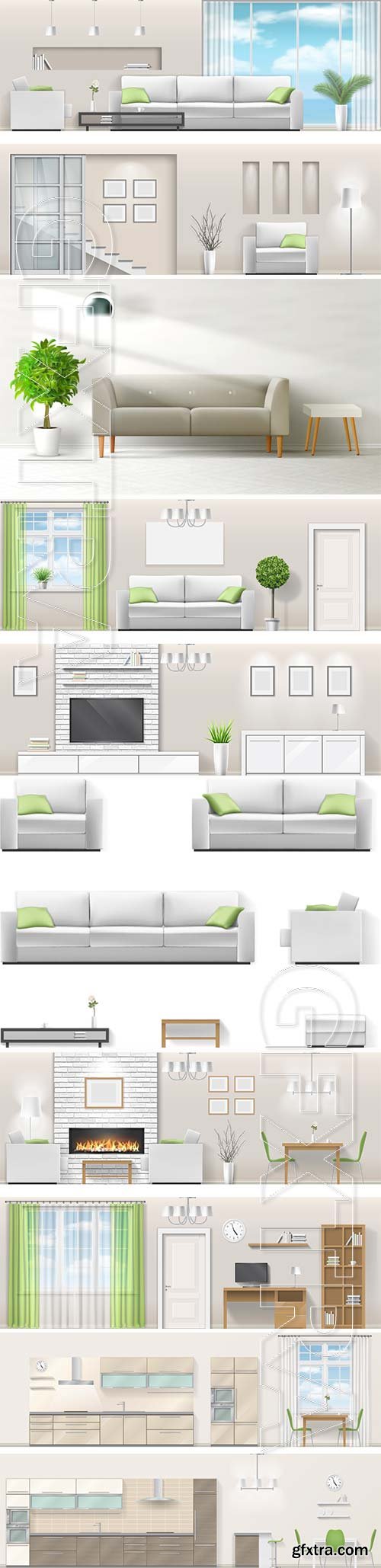 Modern interior in vector, kitchen, living room, bedroom