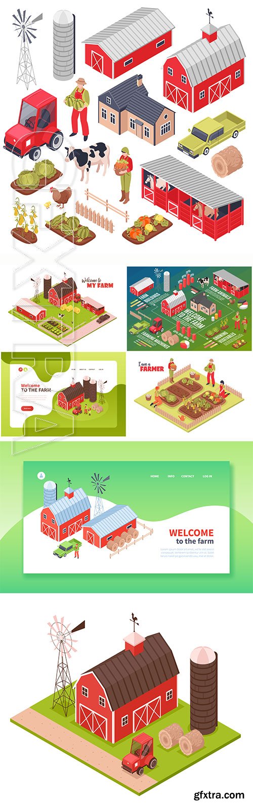 Isometric farm and farmers vector illustration