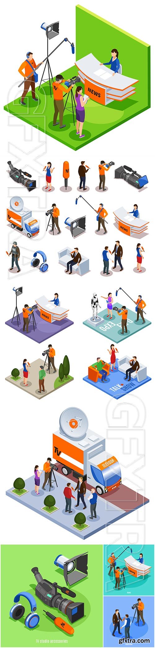 Concept set of talk show news expo and street interview isometric compositions vector